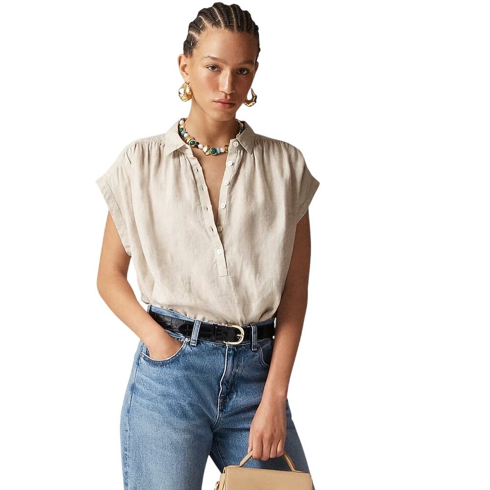 J.Crew Baird McNutt Irish Linen Shirt Size Large Cap Sleeve Relaxed Beige Top